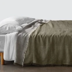 Arya Linen Throw -Home Sale Shop Arya Linen Bed Blanket Olive 1